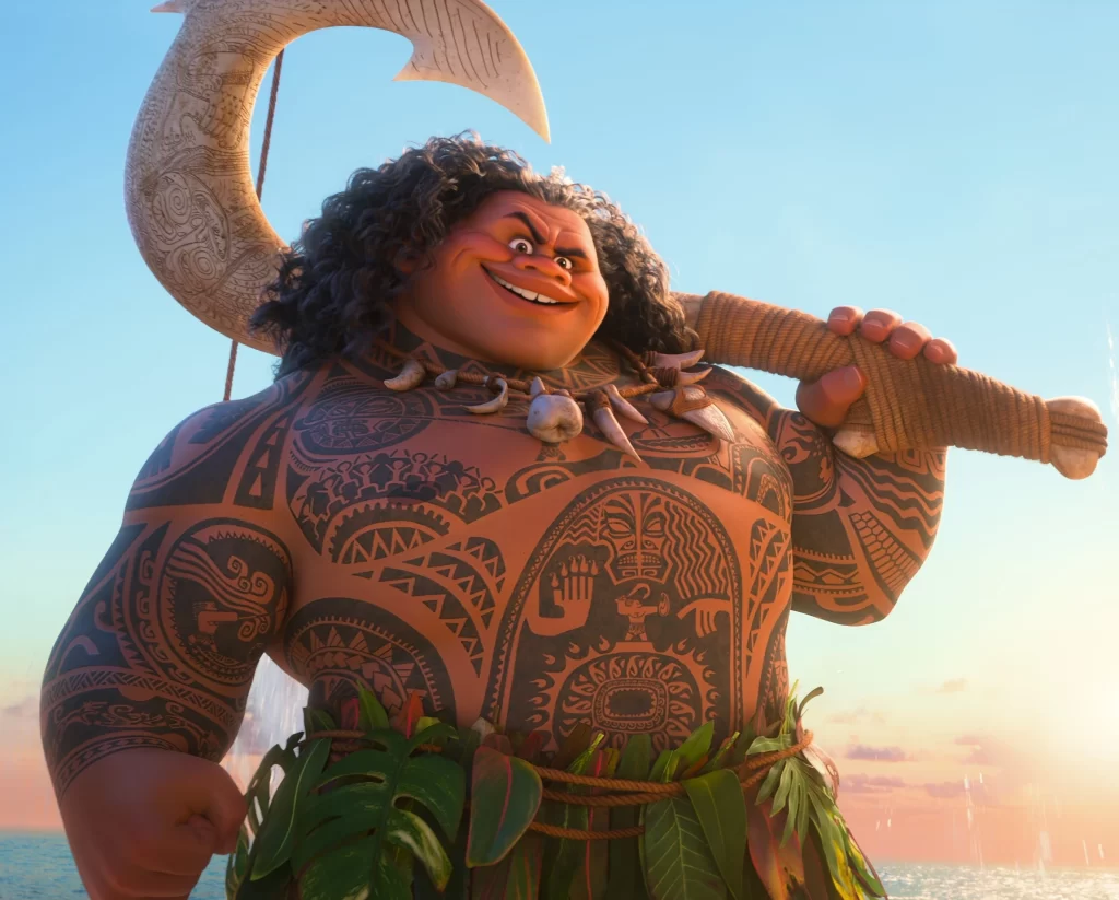 The image depicts Disney's rendition of Maui, his tattoos designed as a representation of several Pacific island tattooing styles